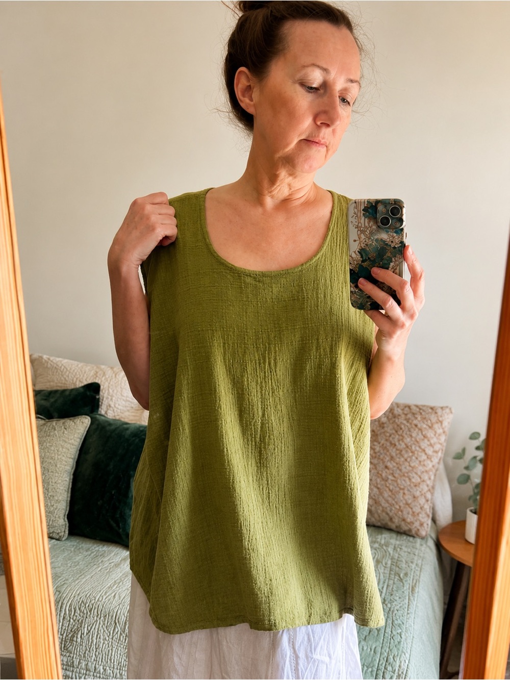Olive Green Crinkle Gauze Tunic Top | Oversized Boho Linen Look | Plus Size